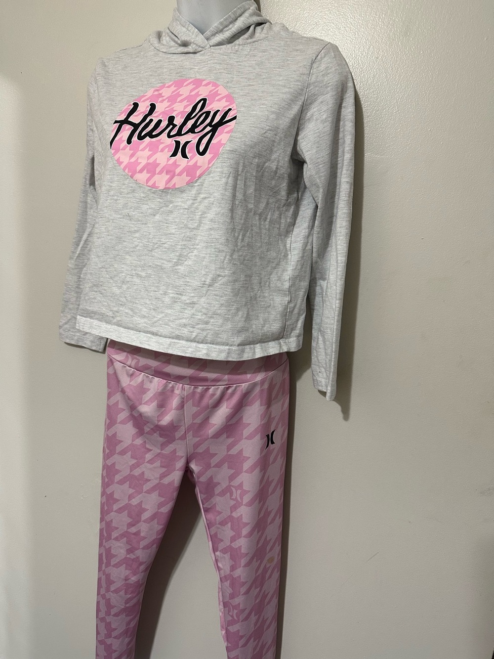 Hurley Girls Gray Hoodie & Pink Houndstooth Leggings Set Size 12/13 Youth
